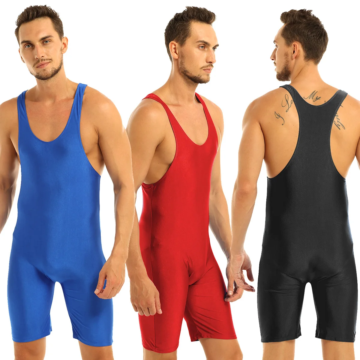 Men One-piece Sleeveless Solid Color Wrestling Singlet Boxer Briefs Tight Bodysuit Underwear Swimming Gymnastics Sports Leotard