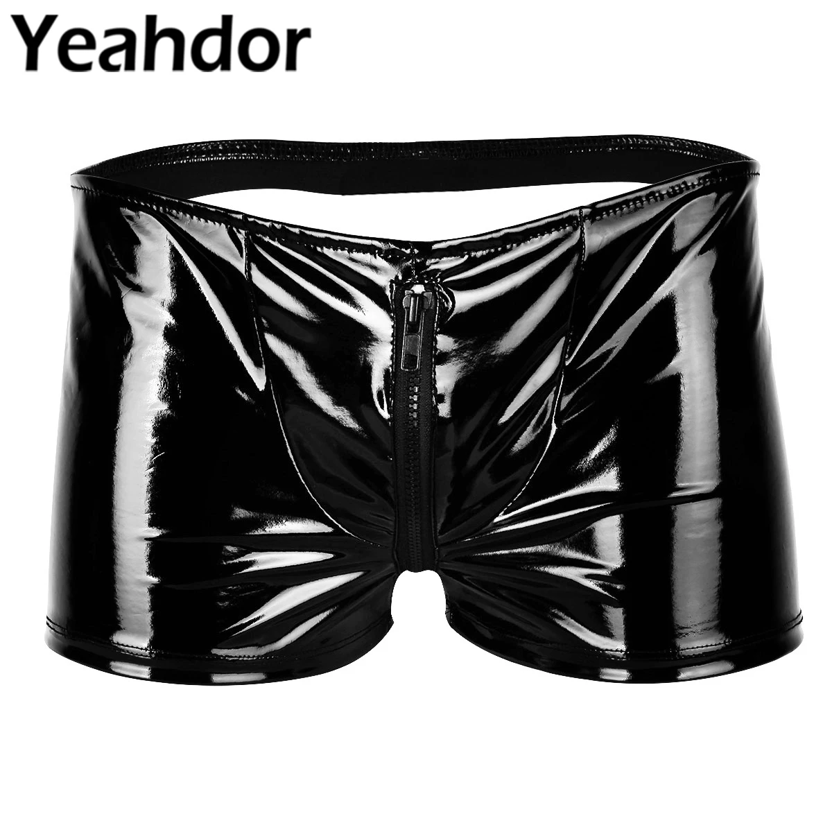

Black Mens Lingerie Boxer Panties Shiny Metallic Patent Leather Zipper Bulge Pouch Open Butt Boxer Briefs Sexy Male Underwear
