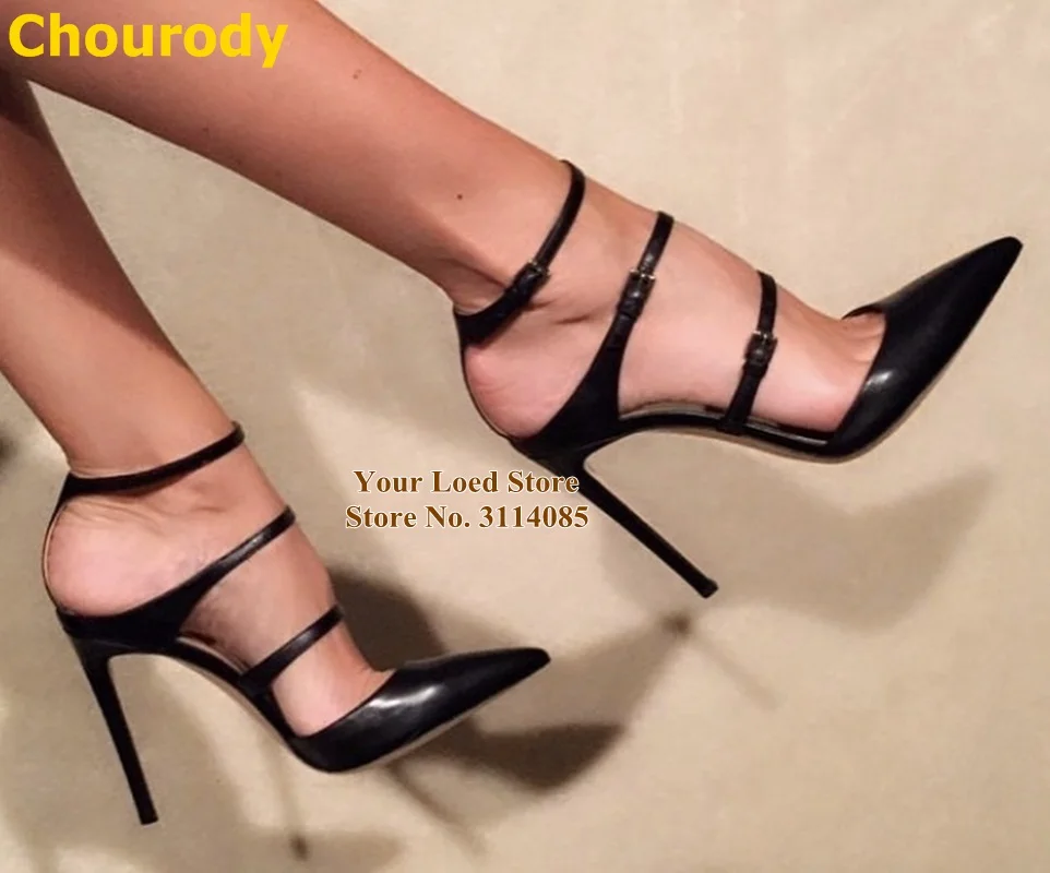 

Choudory Black Matte Leather Pointed Toe High Heel Shoes Stiletto Heels Buckle Strap Gladiator Pumps Dropship Footwear Size52
