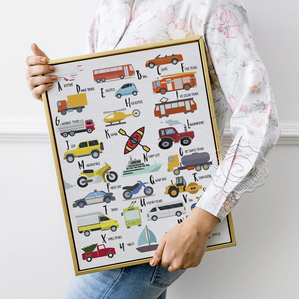 

Cartoon Traffic Tools Prints Poster, Cars Trucks And Planes Alphabet Kids Wall Art Print, English Alphabet Canvas Wall Picture