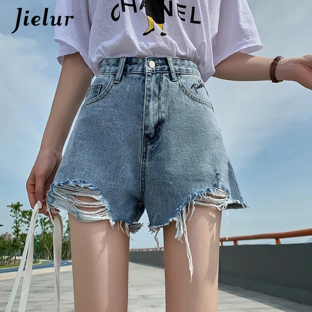 Jielur Black Casual Ripped Denim Shorts Women Thin High-waisted Wide-leg  Women's Jeans Patch Designs Jeans Blue Summer S-xl - Jeans - AliExpress