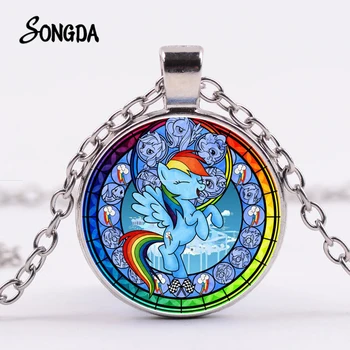 

My Little Horse Baoli Poni Necklace Lovely Magic Rainbow Horse Cartoon Glass Round Pendant Children Birthday Gift Jewelry