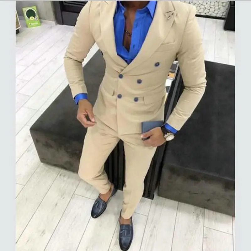 Slim Fit Men‘s Suit Beige Classic Design Double Breasted Tuxedos Groomsmen for Wedding (Blazer+Pants) 2021 new arrival closure collar double breasted men s suits 2 pieces slim fit fashion design bridegroom wedding tuxedos blazer