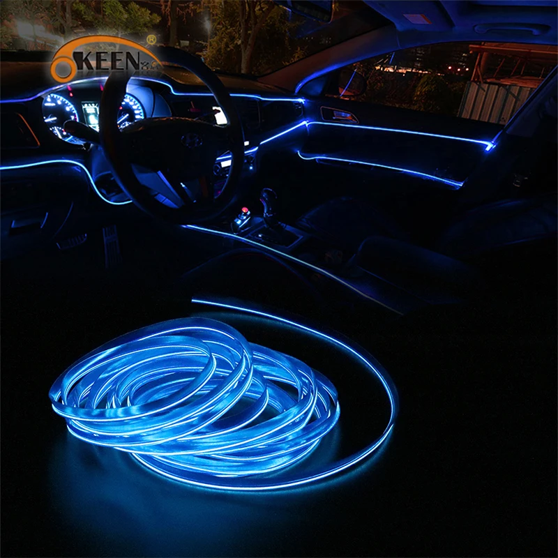 Maxlaxer El Wire ice Blue Interior Car LED Strip Lights 2M Neon Wire USB 5V with Fuse Protection for Automotive Car Interior Decoration with 6mm Sewing Edge 
