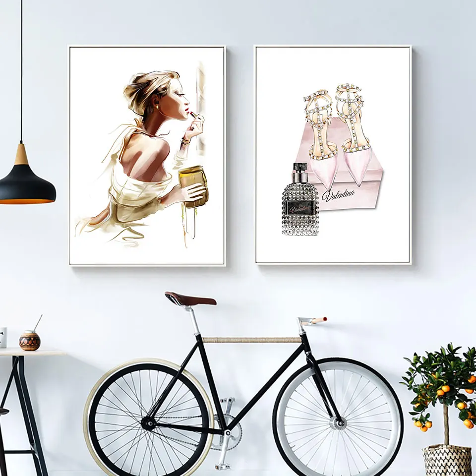Модный постер с принтом для девочек, картина из парусины, Скандинавское искусство, обувь на высоком каблуке, настенные картины для гостиной, парижский парфюм, современный
