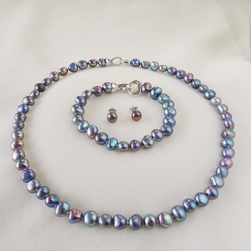 DMSFP100 Ювелирные наборы из жемчуга в стиле барокко, серебро 925, комплекты ювелирных изделий из жемчуга, ожерелье/браслет/серьги для женщин - Цвет камня: Black