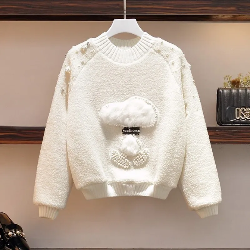 

Plus Size 2020 New Sweet Pink Round Neck Pullover Sweaters Blue Zipper Jeans Two Piece Set Women Autumn Winter Denim Pants Suit