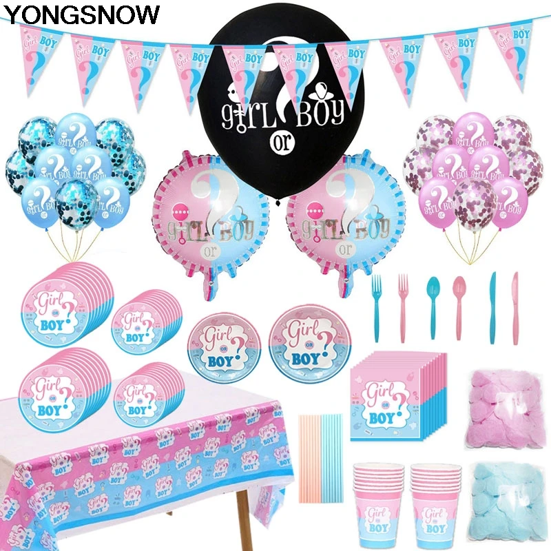 Gender Reveal Disposable Tableware Baby Shower Party Girl Or Boy Plate Cup Napkin Tablecloth Knife Fork Spoon Party Supplies Set