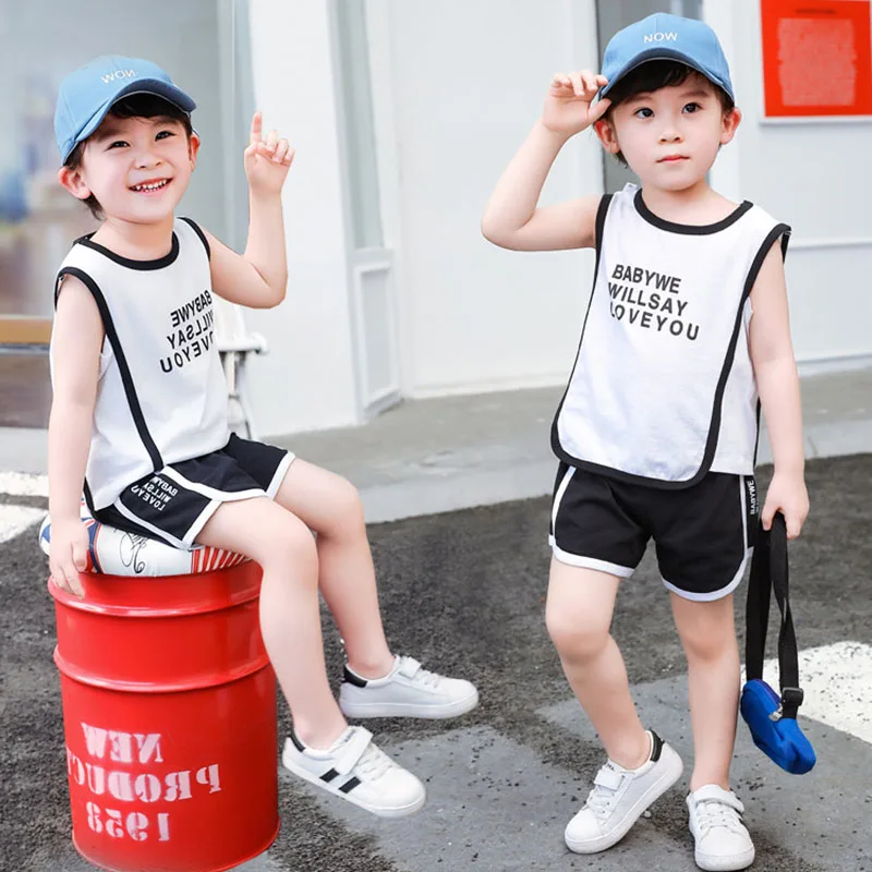 

2020 Boy Clothes Summer Sports Sweat-absorbent Cotton Vest Top Shorts 2Pcs Suit Toddler Boy Clothing 1 - 5Y