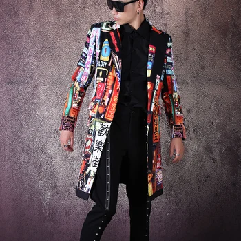

Male Hip Hop Dancer Singer DJ Suit Coat Outerwear Stage Clothes Men Vintage Pattern Print Fashion Slim Fit Long Blazer Jacket