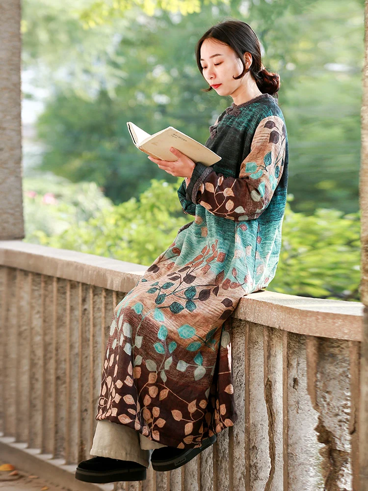 LZJN Women's Ethnic Winter Dress Vintage Chinese Style Soft Fleece Lined Warm Thicken Printed Maxi Coat Pullover with Pockets  (8)