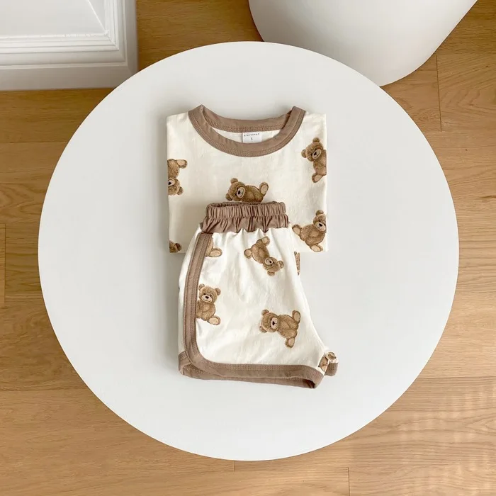 2022 Summer New Infant Baby Boy Cartoon Bear Printed Pattern Casual Short Sleeve Tops + Toddler Girl Breathable Shorts 2pcs Set Baby Clothing Set classic