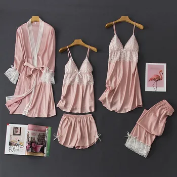 

Lace Robes Sets 5Pcs Solid Kimono Robe Fashion Bathrobe Sexy Sleepwear Peignoir Wedding Robes Soft Bridesmaid Robes H73