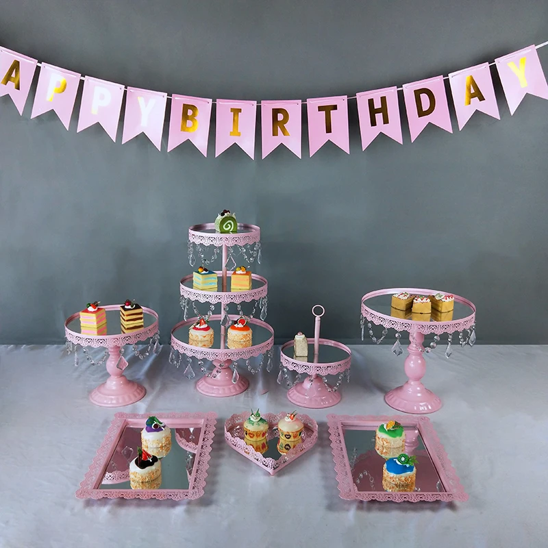 silver mirror pink 7 pcs mirror pink cake stand set metal round crystal cupcake rack for wedding exhibion dessert table tray party centerpiece - Color: silver mirror pink