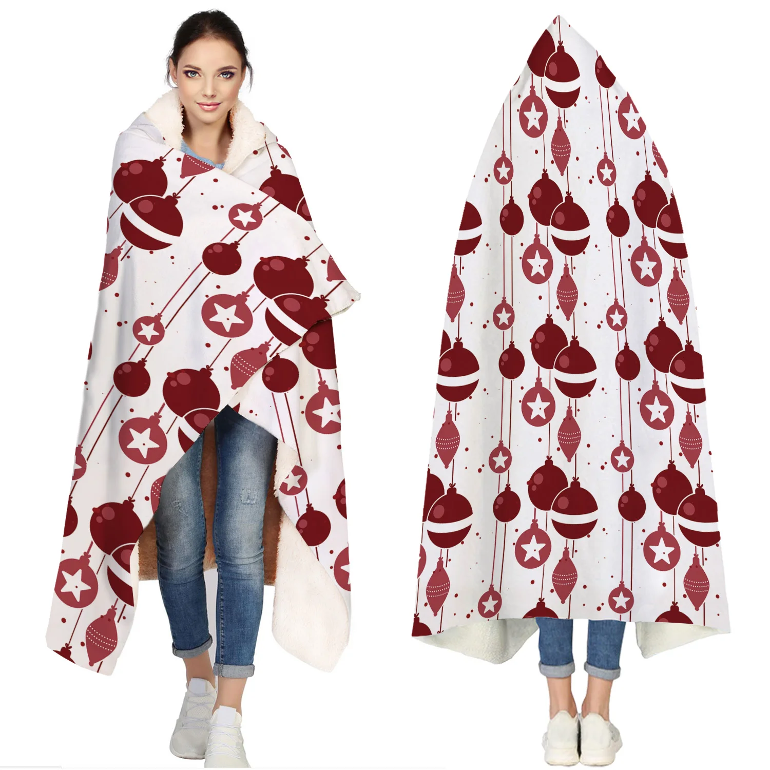 

Red Christmas Bell Portable Wearable Fluffy Custom Hooded Blanket Fleece Hooded Throw WrapBed Blanket