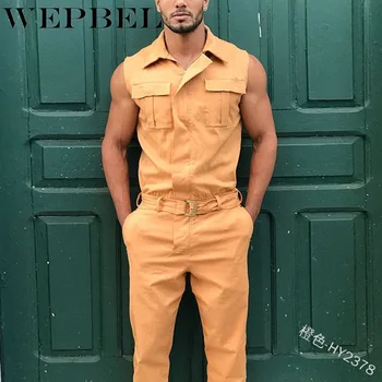 

WEPBEL Men Summer Sport Running Playsuit Casual Solid Color Sleeveless Zipper Shirt Top Long Trousers Workout Jumpsuit Overalls
