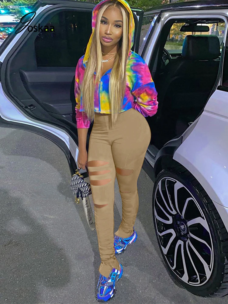 

Joskaa 2020 Women Cut Out Casual Streetwear High Waist Distresses Pleated Stacked Workout Hole Pants Solid Club Party Trousers