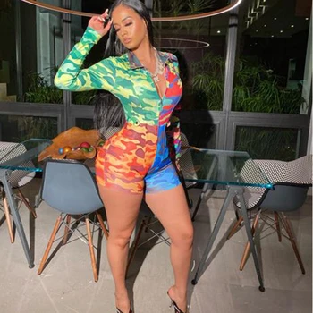 

HAOYUAN Camouflage Rompers Womens Jumpsuit Shorts Sexy Club Costumes One Piece Body Outfit Frot Zip Long Sleeve Bodycon Playsuit