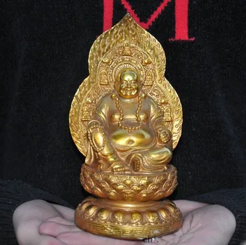 

christmas Old China Buddhism bronze Gilt Happy laughter Maitreya Buddha Hold Beads Statue New Year