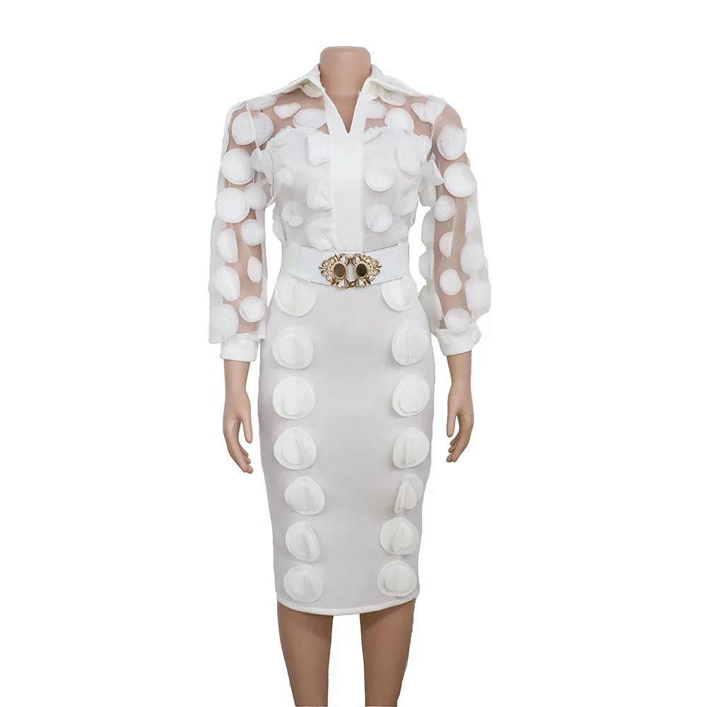 Африканские платья для женщин элегантные модные аппликации стиль Африканский женский полиэстер до середины икры платье для леди - Цвет: Белый