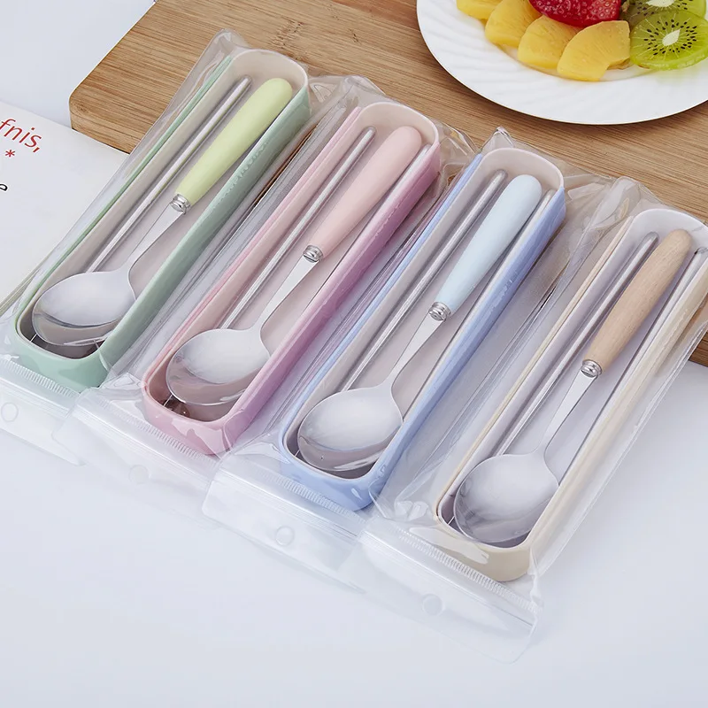 

School Season Stainless Steel Chopsticks Spoon Combination Outdoor Portable Students Tableware Set Take-out Tableware PVC Hangin