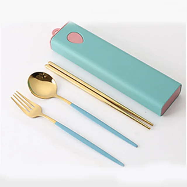 3PCs/4PCs Glossy Stainless Steel Tableware Spoon Fork Knife Straw Reusable Travel Cutlery Set Camp Utensils Set Portable Case D-Blue