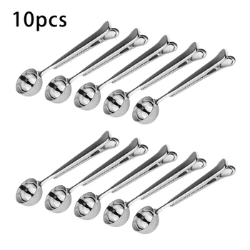 

10 Pack 2 in 1 Coffee Spoon with Bag Clip, Multifunction Stainless Steel Ground Coffee Spoon with Bag Seal Clip