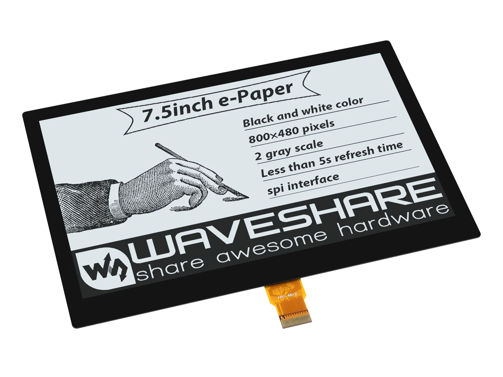 

Waveshare 7.5inch e-Paper (G) E-Ink Fully Laminated Display, 800×480, Black / White, SPI, without PCB