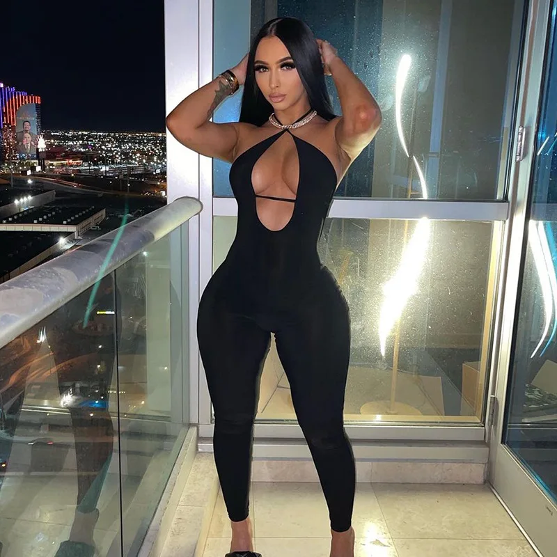 BKLD Sexy Outfits For Woman 2021 Winter New Halter Neck Sleeveless Skinny Fitness Jumpsuit Black Solid Color Party Clubwear