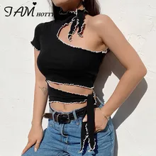 Cheap Iamhotty One Shoulder Hollow Out Bandage Croped Top Women Black Solid Patchwork Reverse Thread Sexy Tshirt Ladies Y2K Harajuku Cheap Iamhotty One Shoulder Hollow Out Bandage Croped Top Women Black Solid Patchwork Reverse Thread Sexy Tshirt Ladies Y2K Harajuku