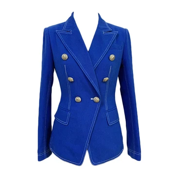 

New Fashion 2020 Designer Blazer Women's Top Stitching Contrast Lion Buttons Double Breasted Denim Blazer Jacket