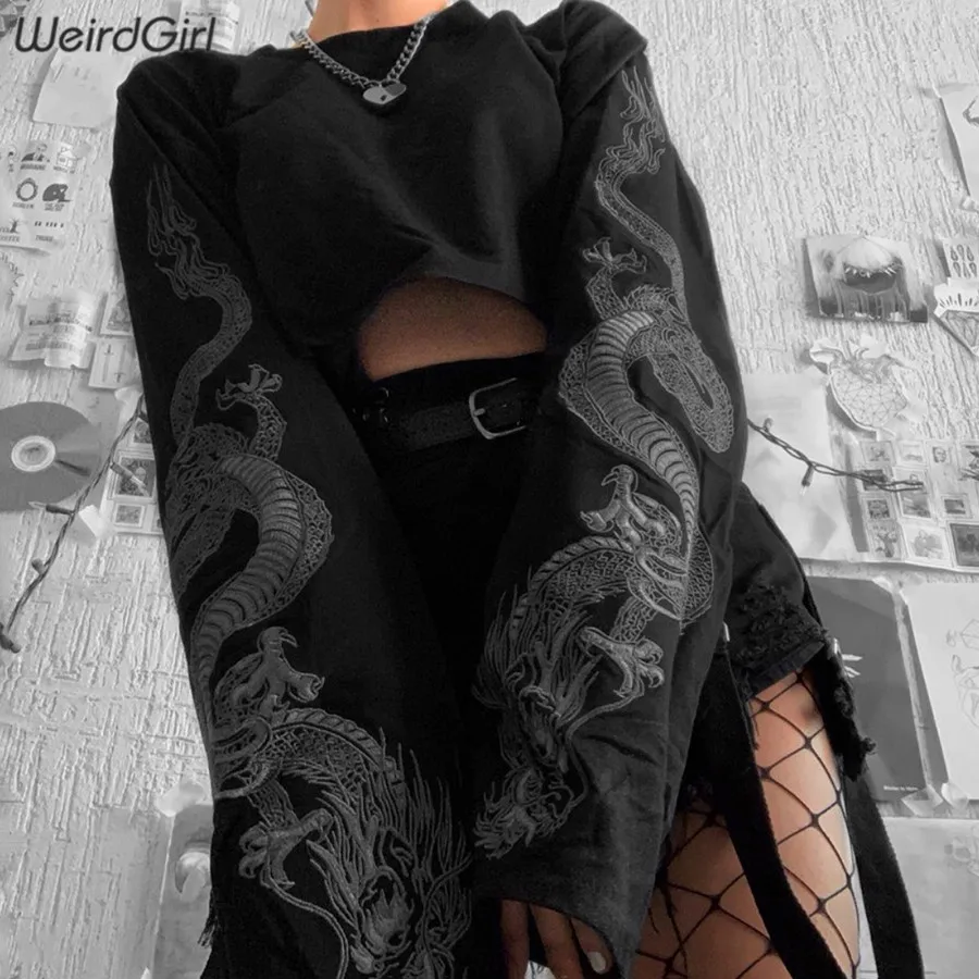 Weirdgirl женские толстовки с принтом дракона модные повседневные женские свободные короткий топ пуловер Свитера уличная новая осенняя одежда