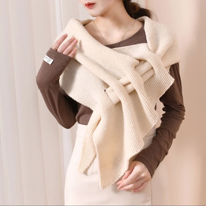 Fashion Spring Autumn Knitted Shawl Women Crochet Shoulder Guard Neck Infrared Pierced Cloak Tied Scarf Fake Shawl White fashion spring autumn knitted shawl women crochet shoulder guard neck infrared pierced cloak tied scarf fake shawl blue