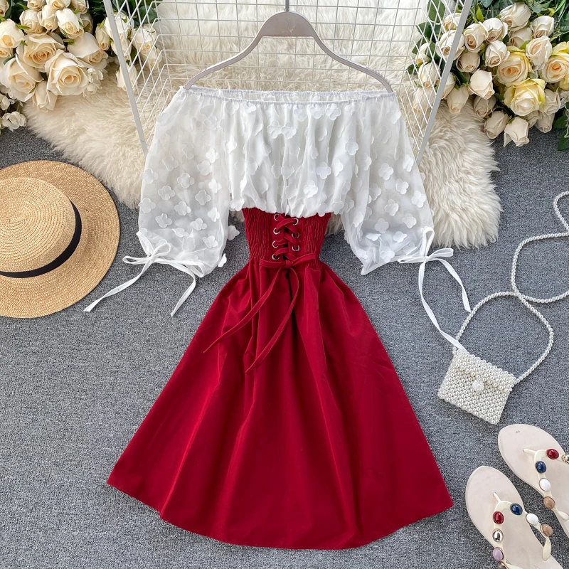 2020 Sexy Off Shoulder patchwork Summer Short Dress Party flower chiffon Slim waist lace up Women casual A-Line beach dress