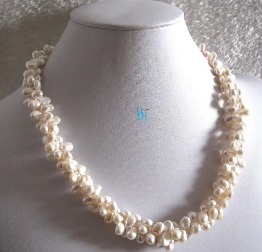 5-7mm White Baroque 3Row SQ Freshwater Pearl Necklace