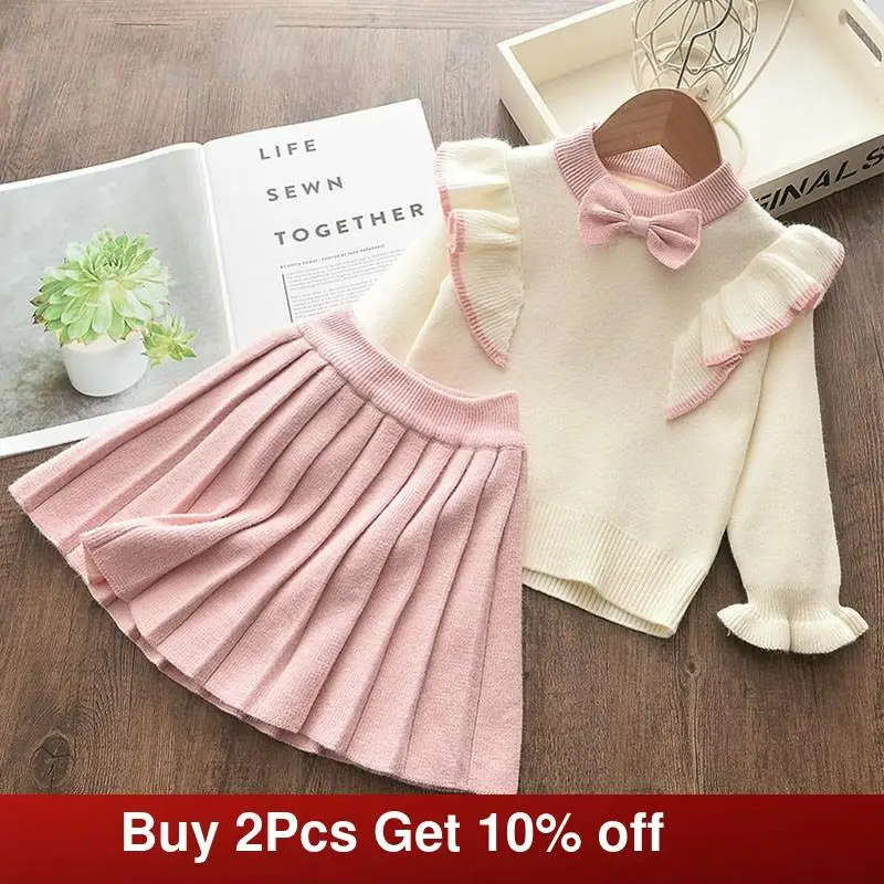 

Melario Girls Winter Clothes Set Long Sleeve Sweater Tops and Skirt 2 Pcs Clothing Suit Bow Baby Outfits for Kids Girls Clothes