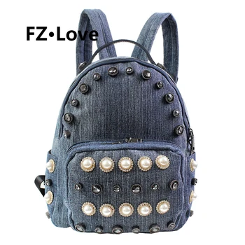 

Girls Vintage Denim Rivet Pearl Backpack Jeans Daypack Bag Travel Bag Rucksack Blue/Black Shoulder Bag Travel Bookbag for Women