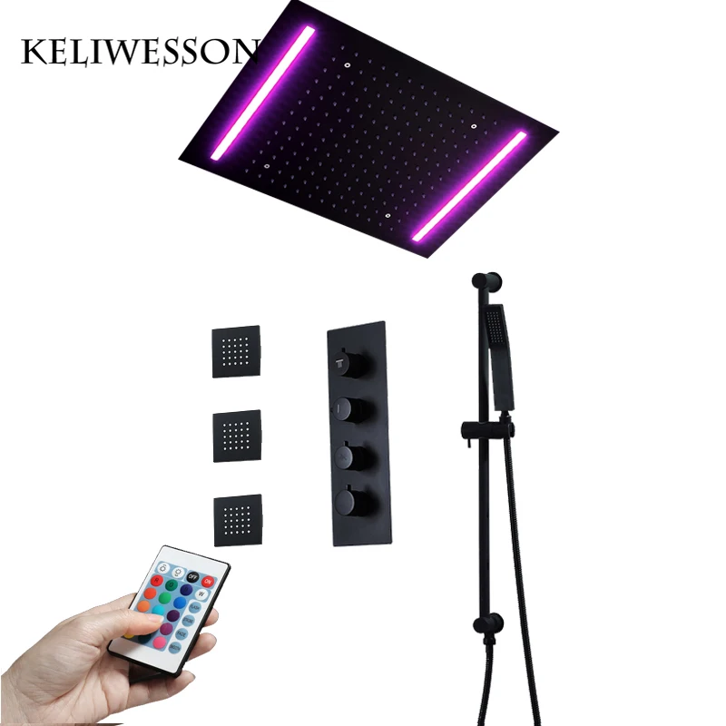 

Colorful Black Shower Head Set Rainfall LED Shower Ceiling Mounted Shower Faucets Thermostatic Mixing Valve Slide Showers