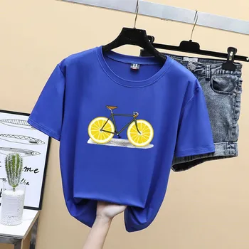 

Summer T Shirt Casual Lemon Bike Print Tee Loose Wild O Neck Short Sleeve Tshirt Women Tops