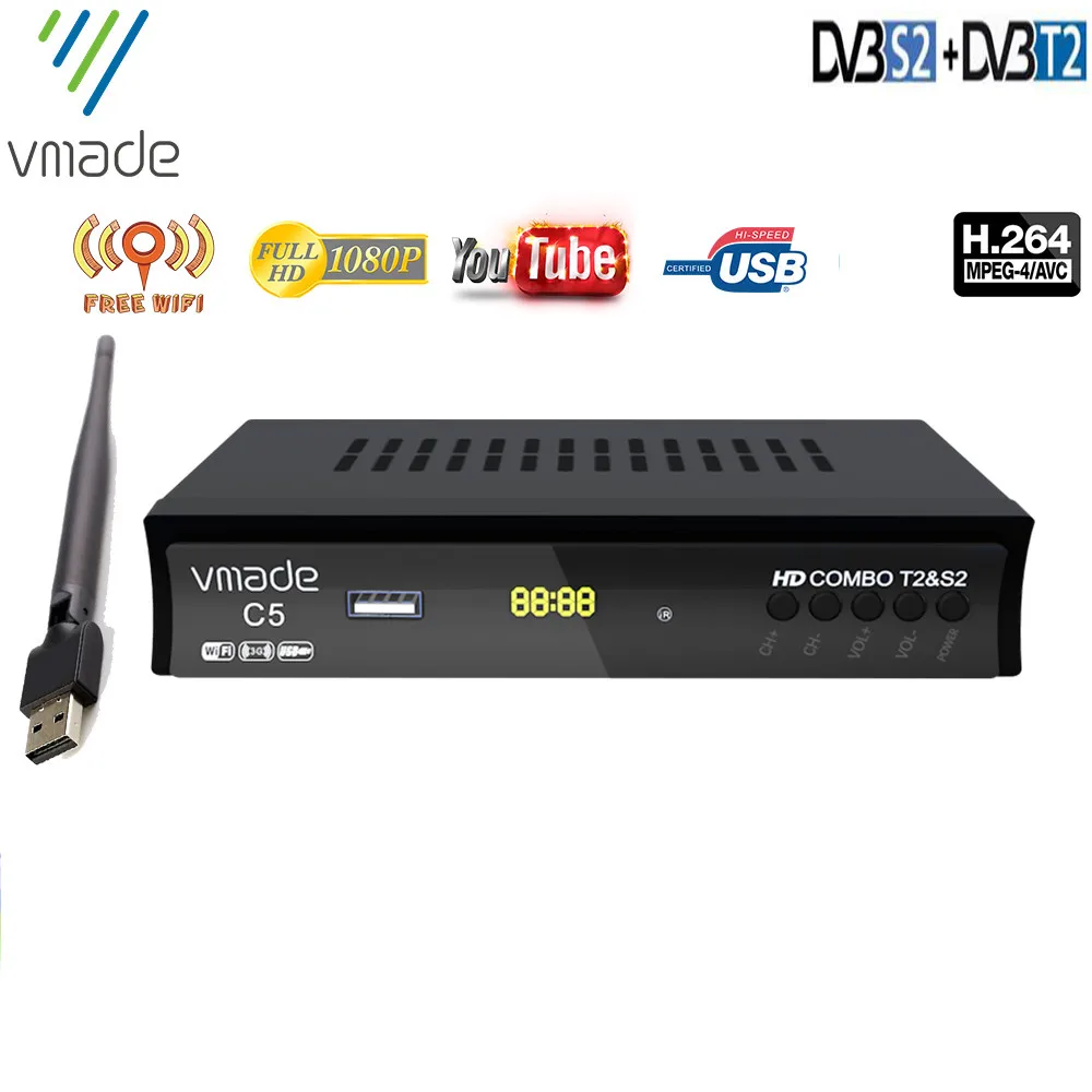 

Vmade DVB-T2 DVB-S2 2 in 1 combo hd digital terrestrial satellite receiver support youtube DVB T2 S2 Europe tuner with WIFI BOX