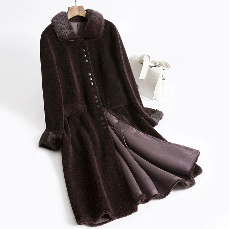 Purple Tcyeek пальто с натуральным мехом, Женская длинная винтажная норковая Меховая куртка с воротником из овечьей шерсти, женские корейские элегантные шерстяные топы Hiver 1118 - Цвет: Purple