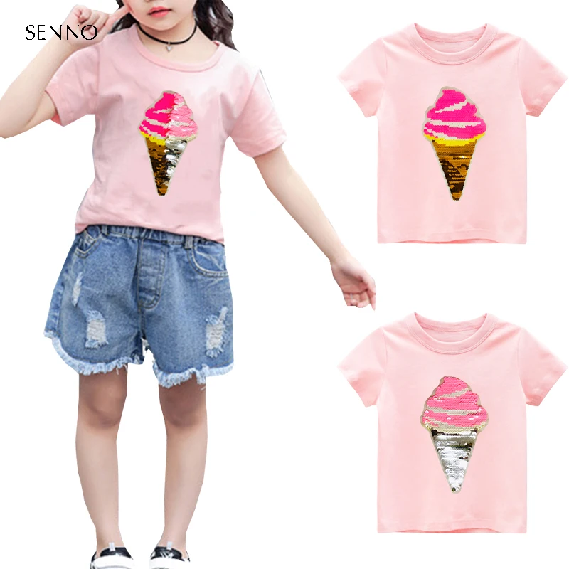 

Shiny Sequin Girls Top Birthday Glitter T-shirt For Girls Costume Summer Shortsleeve Cartoon Kids Tees Girl Tops Child clothes