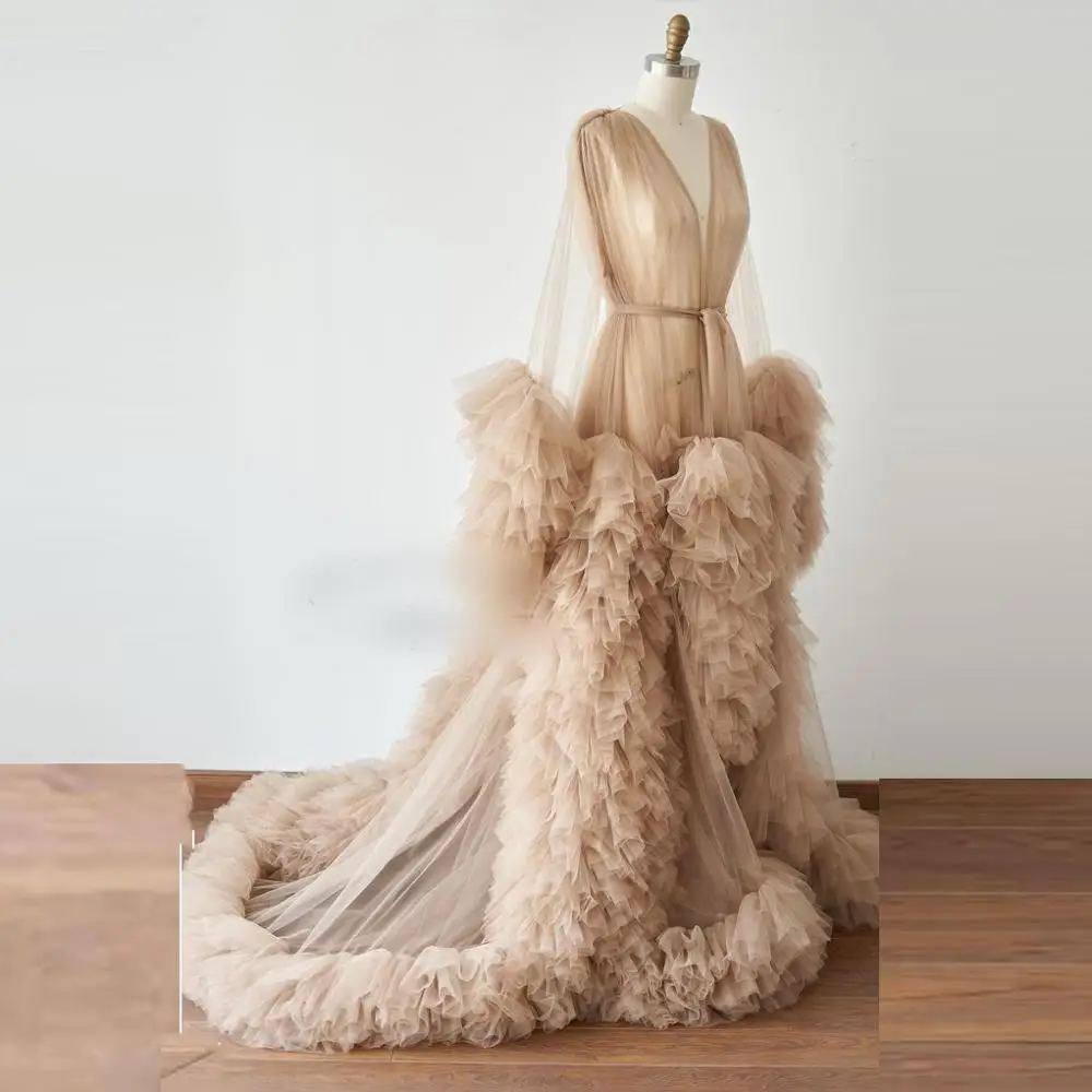 

Elegant Bridal Fluffy Ruffles Tulle Maternity Robes Custom Made Bridal Tulle Dress With Train Sheer See Through Tulle Dress