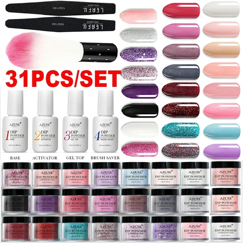 

Azure Beauty 31Pcs/Lot Gradient Color Dipping Powder Nail Set Natural Dry Dip Powder Glitter Decorations Base Top Gel Activator