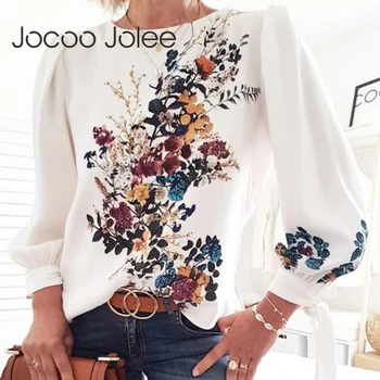 

Jocoo Jolee Women Flora Printed Lantern Sleeve Loose Blouse Elegant Chic Shirt Casual Boho O Neck Cuff Knotted Tee Tops