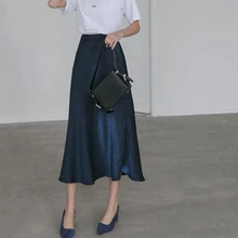 Высокая талия линия атласная юбка женская мода сплошной цвет женские длинные юбки