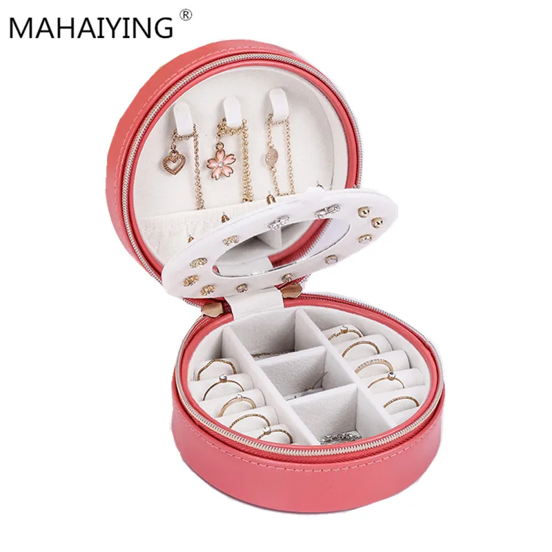 

2019 new fashion round portable jewelry box PU leather sweet small fresh storage box factory wholesale direct sales
