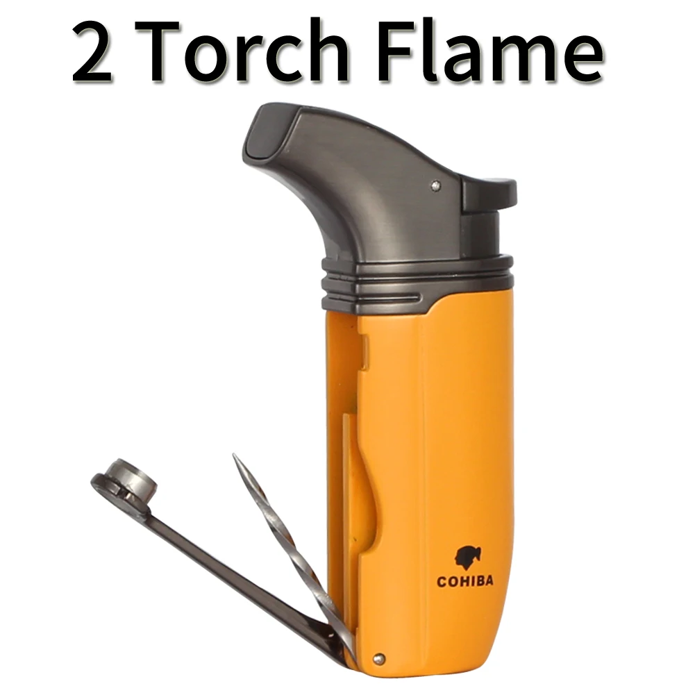 COHIBA Metal Lighter Butane Gas Windproof Torch Cigar Lighter W/ Cigar Punch Stainless Steel Smoke Fire Starter - Цвет: Золотой