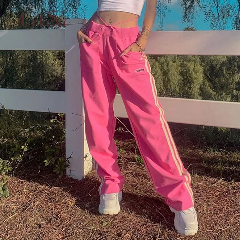 Женские повседневные длинные брюки с буквенным принтом розовые мешковатые