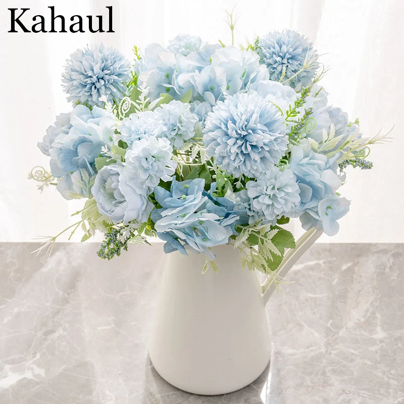 Hydrangea Artificial Flowers Peony Bouquet Silk Ball Blooming Fake Flower Wedding Centerpieces Stage Home Table Decoration Blue